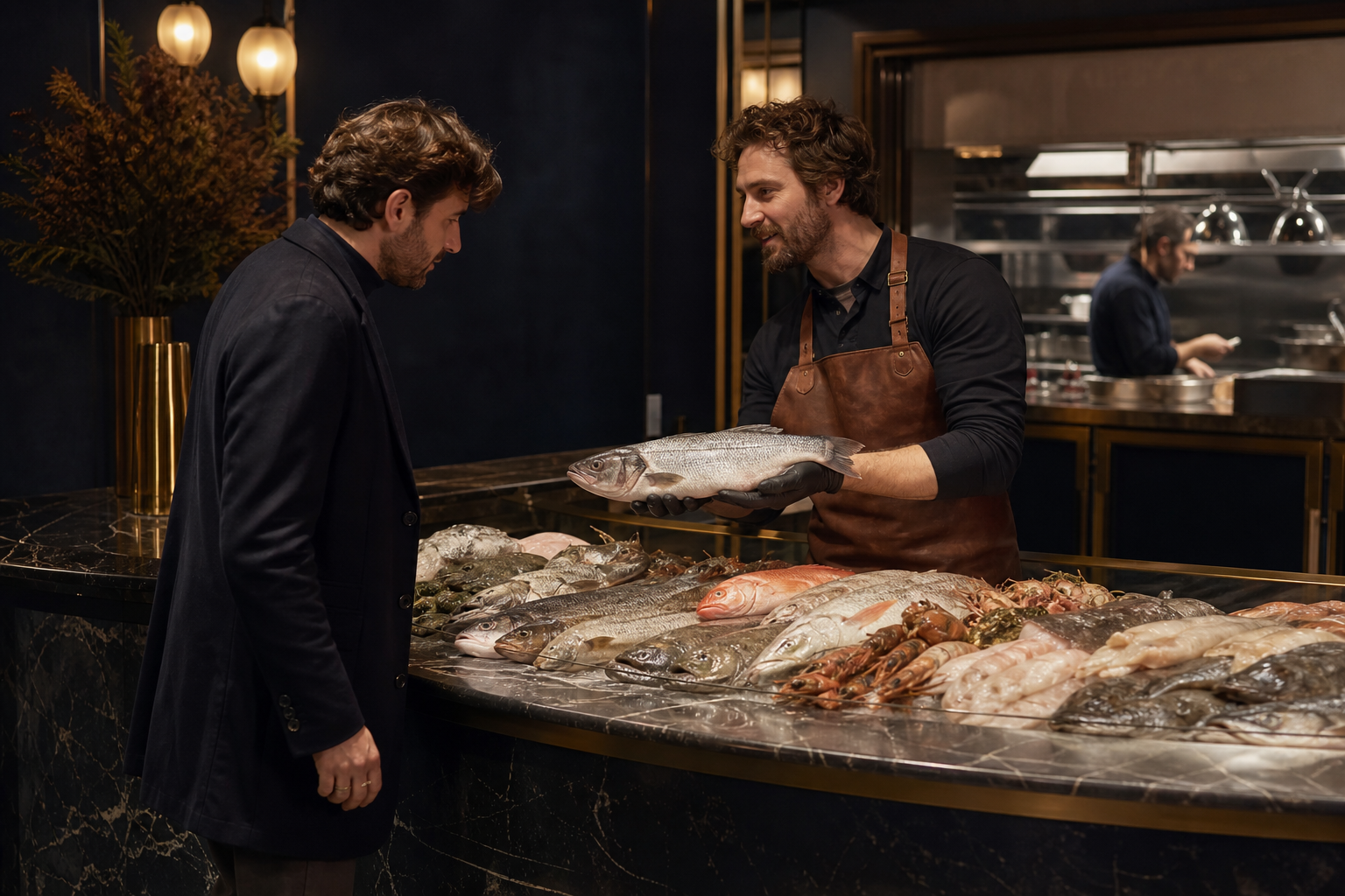Commesso mostra il pesce a un cliente al banco boutique