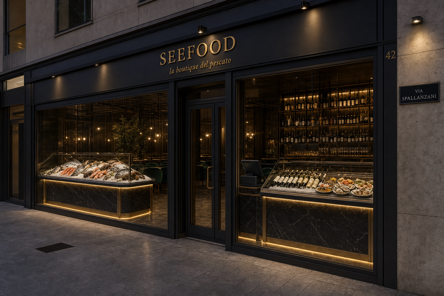 Facciata SEEFOOD, la boutique del pescato: banco isola, vetrina e dehor su Via Spallanzani