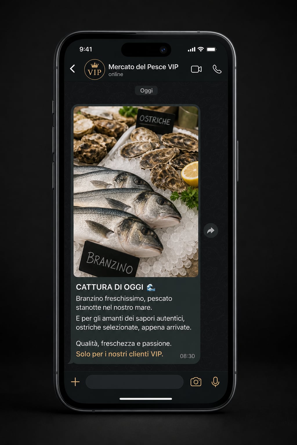 Mockup WhatsApp VIP con foto pescato